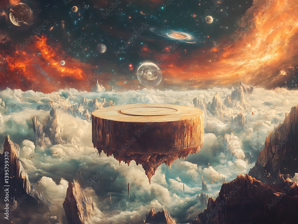A floating wooden platform in a fantastical space landscape.
