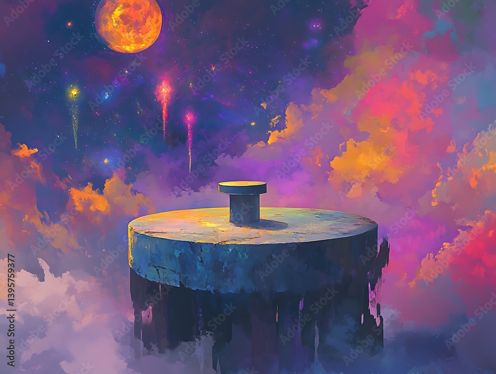 A surreal celestial platform amidst vibrant, dreamlike clouds.