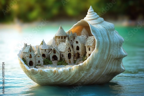 Miniature stone village nestled inside a large seashell floating on turquoise water near a green shore
