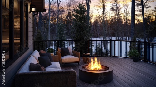 Cozy winter deck fire pit, sunset view