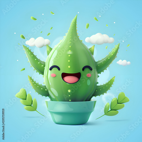 Happy Cartoon Cactus in Pot. Cute 3D Render
