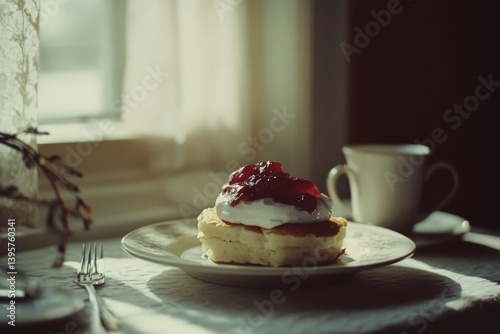 A gourmet pancake crowned with cream and berry sauce is set beside a cup on a sun-drenched table by a window, evoking warm morning coziness.