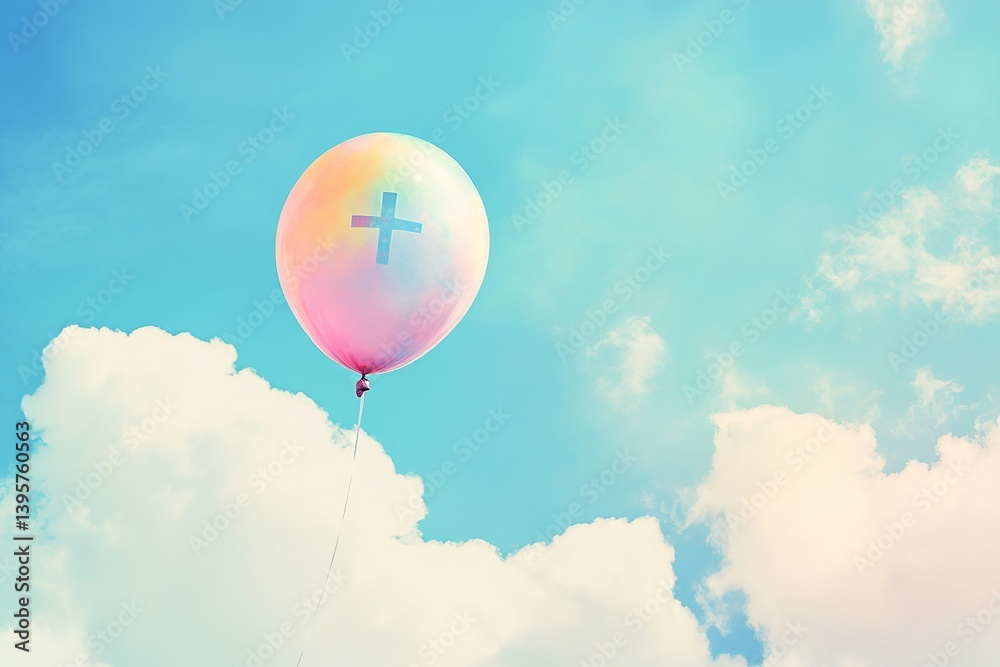 Fototapeta premium A balloon with a cross symbol flying peacefully in a clear blue sky, symbolizing faith and spiritual journey 