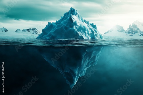 An iceberg majestically floats, casting a perfect reflection on calm waters, surrounded by a dramatic landscape of snow-laden peaks beneath a dim sky.