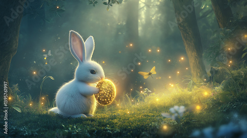A fluffy white bunny carrying a glowing golden Easter egg through an enchanted forest, surrounded by sparkling fireflies, soft mist, and magical ambiance. Generative AI. 