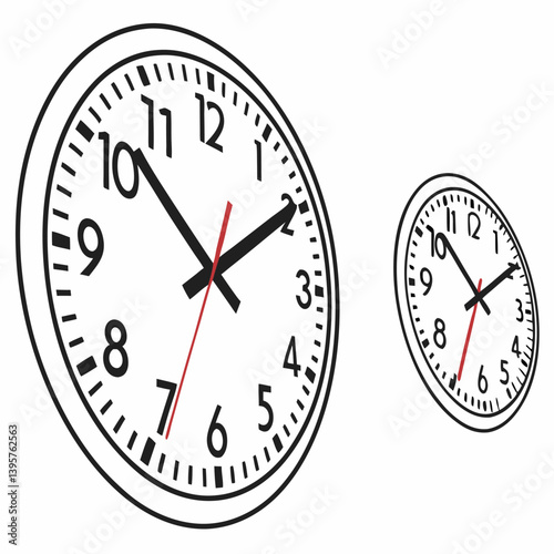 Wall clock vector illustration isolated on white shows time with hour and minute hands on a round dial with numbers