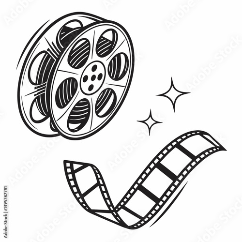 Filmstrip vector art shows a movie reel's 35mm film strip, an icon of cinema entertainment