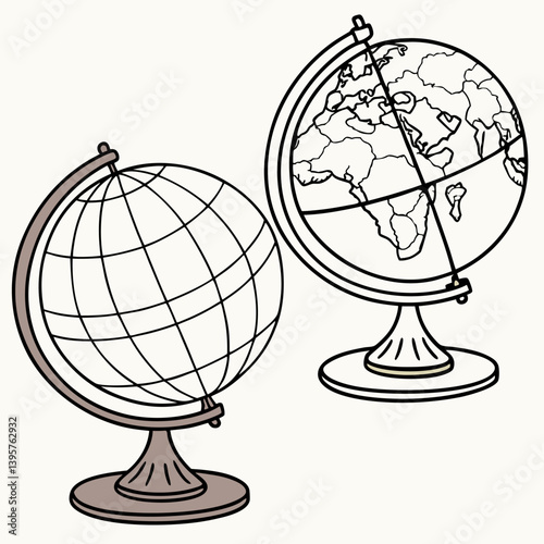 Isolated on white, the terrestrial globe displays continents like America and Asia, representing global geography