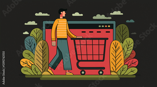 Man Pushing Shopping Cart for Retail Ads and Supermarket Promotions