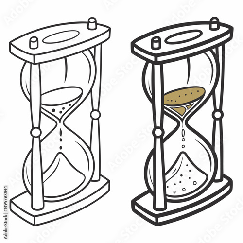 Vector illustration of an antique glass hourglass, a symbol of time and deadline, with falling sand