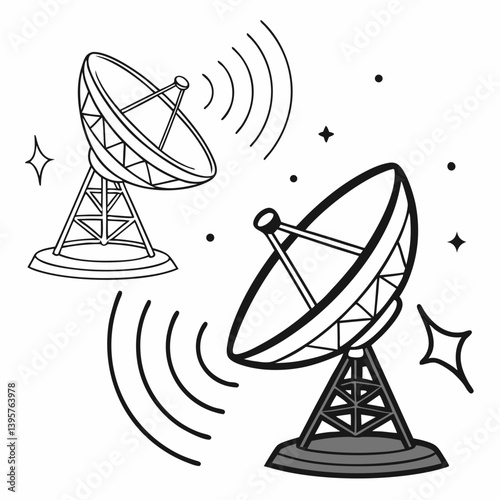 Blue satellite dish antenna on the roof receives digital television and internet signals for wireless communication