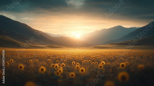 Sunflowers blooming under a golden sunset in a mountainous landscape during the late afternoon