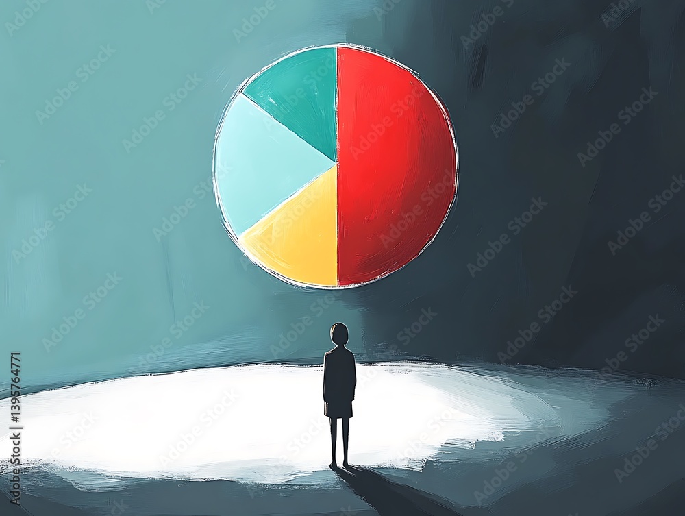 A solitary figure contemplates a colorful pie chart.