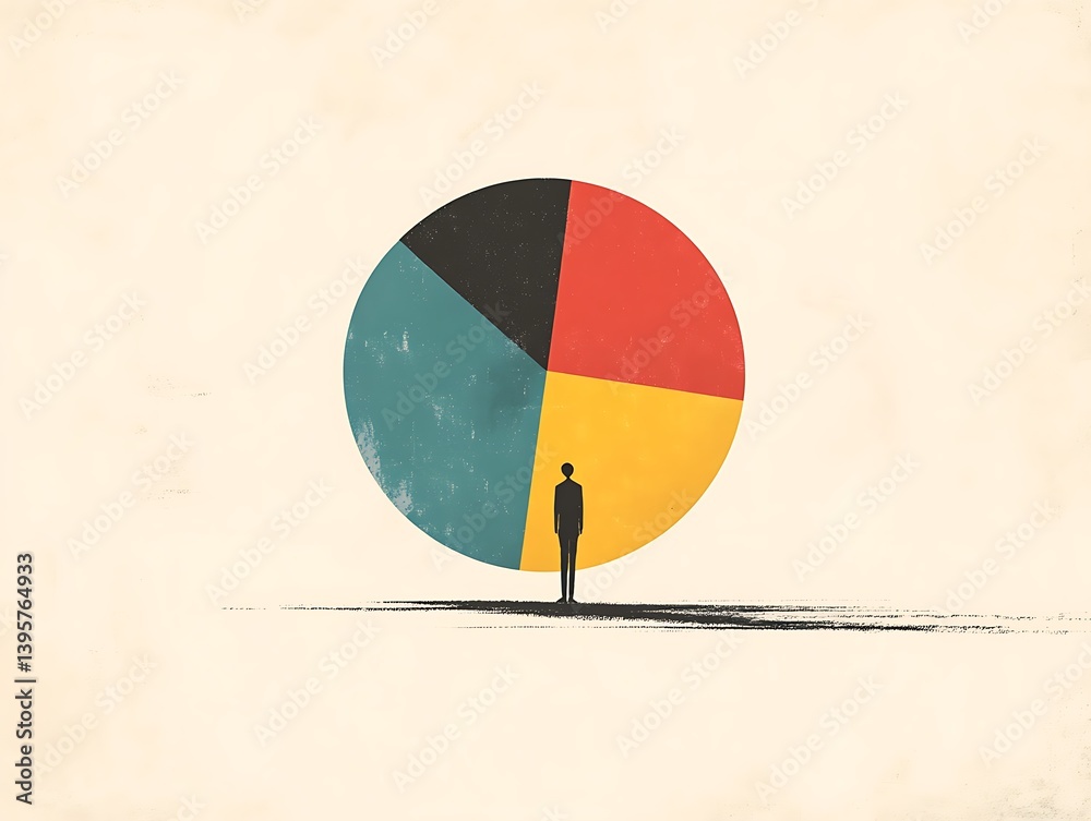 A person confronted by a large, segmented pie chart.
