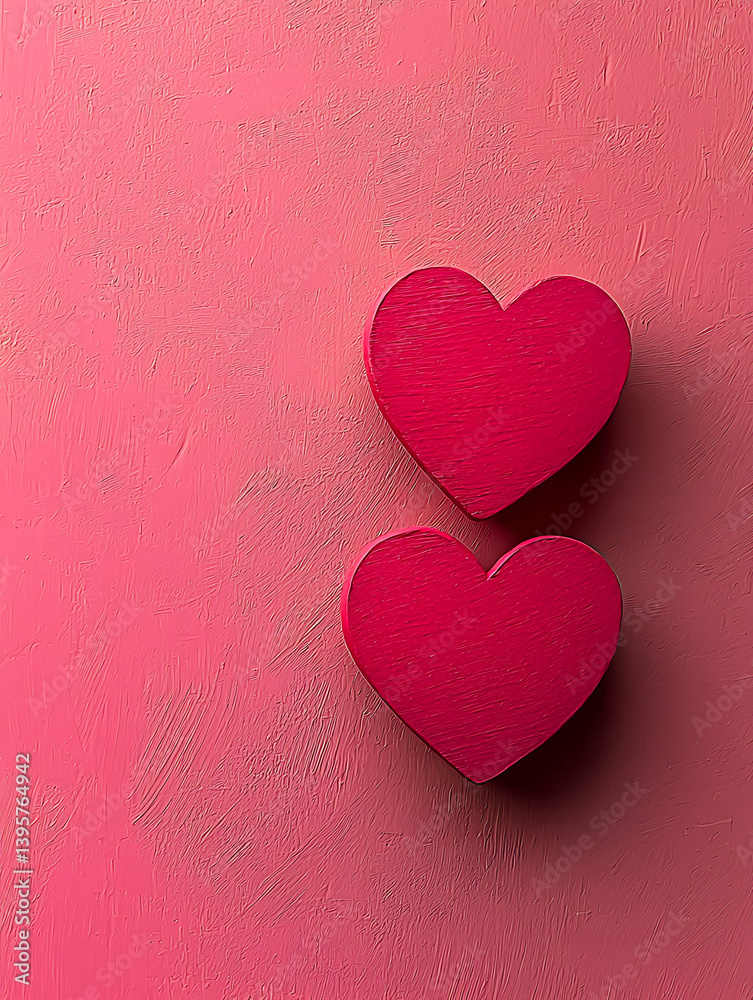Fototapeta premium Two magenta wooden hearts rest on a textured pink surface creating a simple romantic composition.