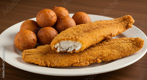 Classic Southern Fried Catfish With Hush Puppies On A White Plate