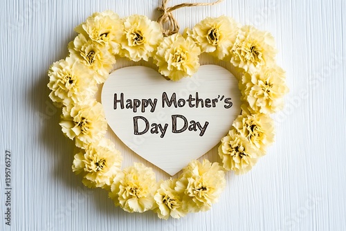 Soft yellow carnations forming a heart around a "Happy Mother's Day" tag on a crisp white wooden surface.