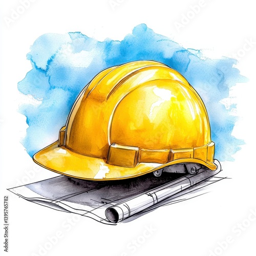 Yellow Hard Hat and Blueprints Watercolor Painting