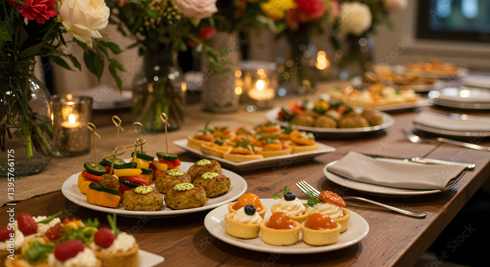 Elegant Dinner Party Table Setting with Gourmet Appetizers and Flowers Elegant Dinner Party Table Setting with Gourmet Appetizers and Flowers