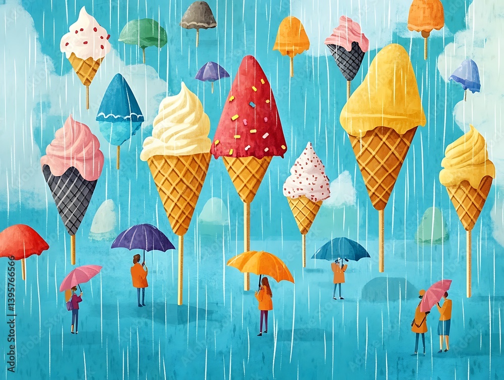 Gigantic ice cream cones in the rain, with people sheltering under umbrellas.