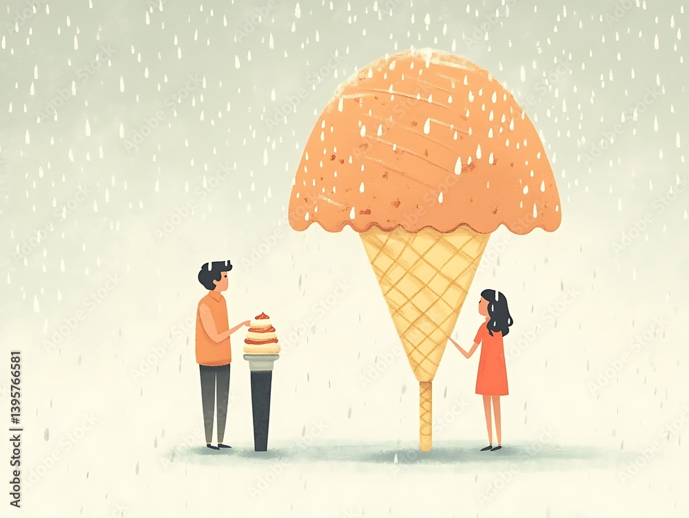 Two figures share a colossal ice cream cone under a rainy sky.