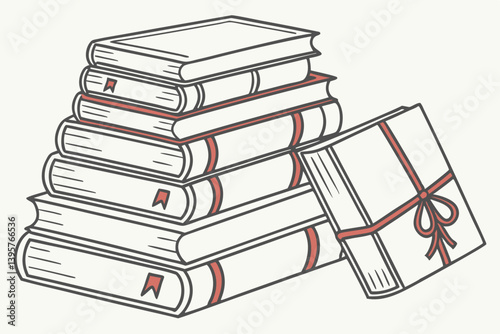 Stacked Books Gift Wrapped Book Red Ribbon Bookmarks Simple Line Art Illustration