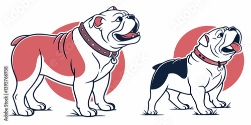 Cute Cartoon English Bulldogs Vector Illustration Dogs Pets Graphic Art Red White Black Collars Two Standing Set
