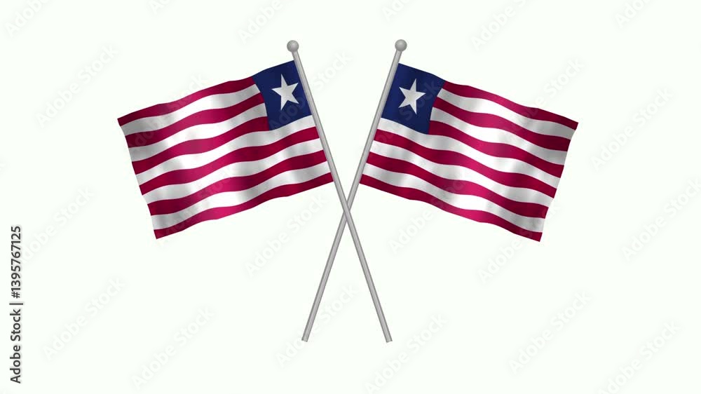 Flag of Liberia, Cross table flag of Liberia on white screen, Liberia 3D Animation flag waving in the wind isolated on white Background. 
