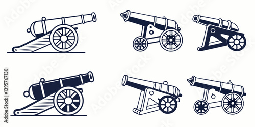 Vintage Style Cannon Vector Icons Black and White Line Art Set