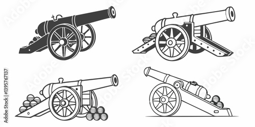 Vintage Cannon Vector Illustrations Retro Artillery Gun Set Silhouette and Outline Style Historical Military Weapons