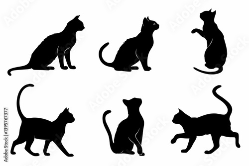 Black Cat Silhouettes Vector - Set of Six Feline Animal Graphics in Different Poses
