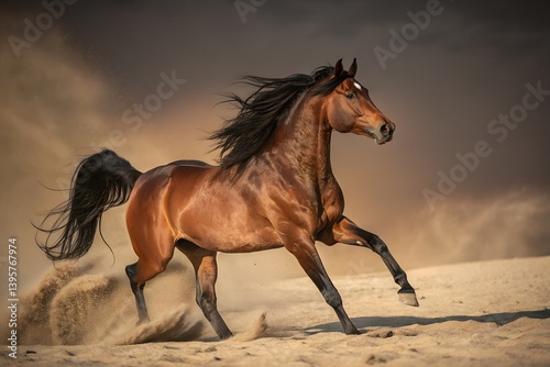 beautiful shiny brown horse wallpaper running desert sand 