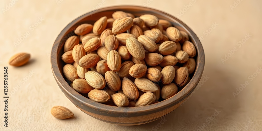 A rustic wooden bowl overflowing with shelled almonds sits on a beige backdrop, vegetarian, close up A rustic wooden bowl overflowing with shelled almonds sits on a beige backdrop, vegetarian, close up