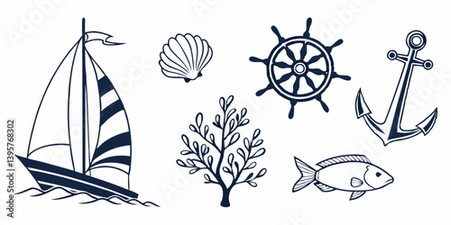 Nautical Marine Illustrations: Sailboat, Seashell, Ship Wheel, Anchor, Coral, Fish - Line Art Sea Ocean Drawings Maritime Design Decor Artwork Theme