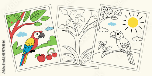 Kids Parrot Coloring Pages Printable - Cartoon Birds Trees Jungle Nature Scenes