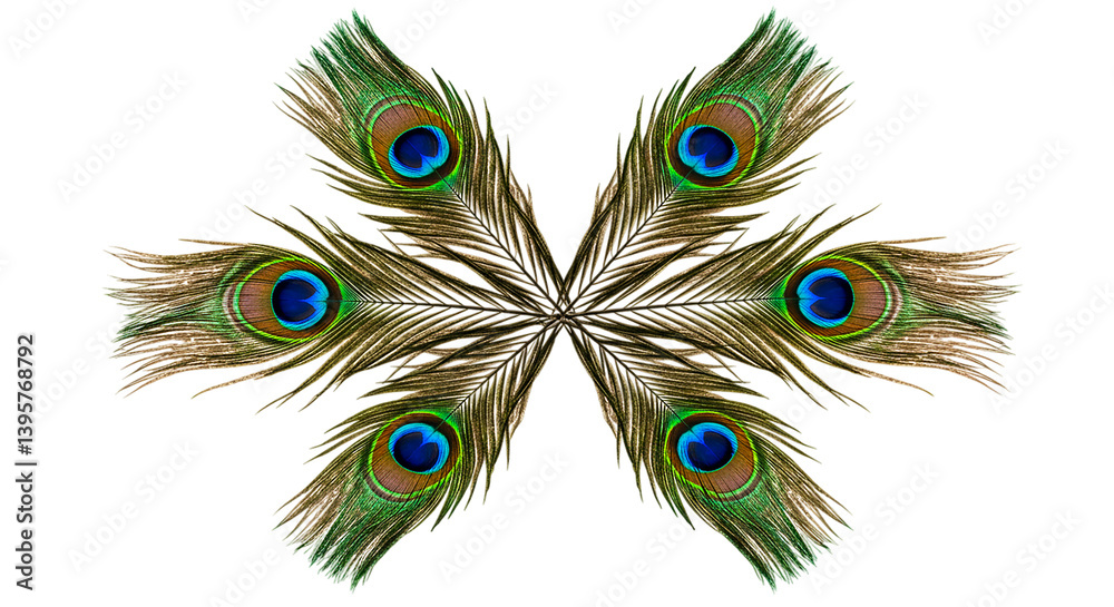 Obraz premium A symmetrical arrangement of six peacock feathers with iridescent blue eyes on a black background