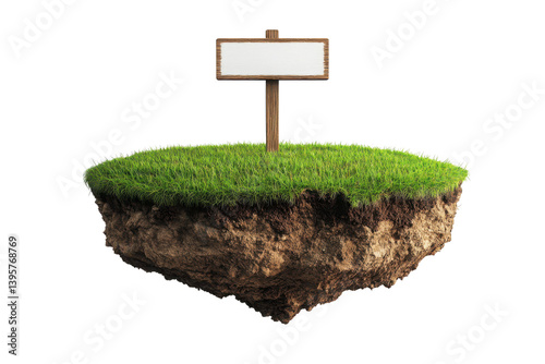 Floating island with grass and dirt and a blank sign on top of it
