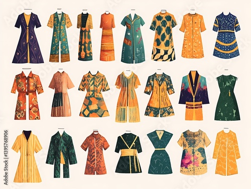A collection of colorful and patterned vintage women's dresses and garments.
