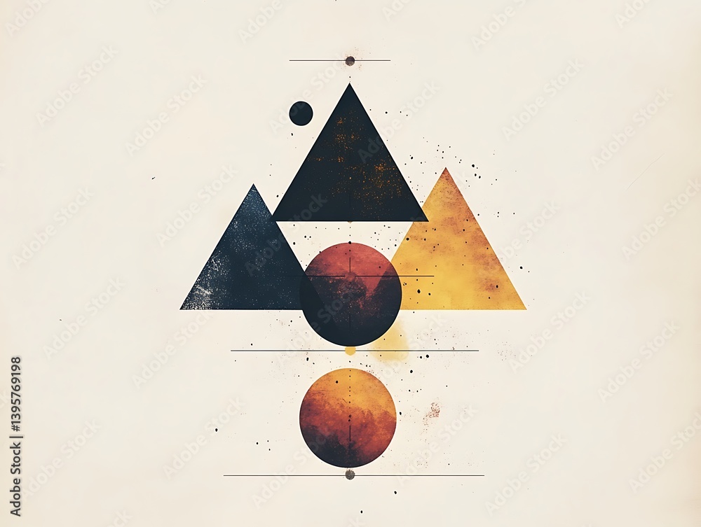 A minimalist geometric design featuring triangles and circles in muted earth tones.