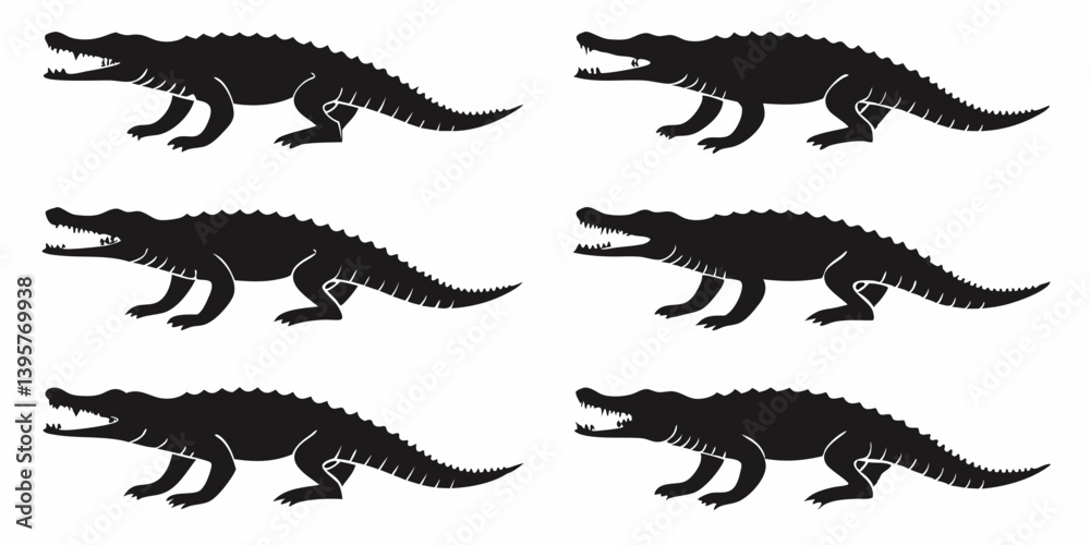 Naklejka premium Black Crocodile Silhouettes Vector Reptile Animal Graphic on White Background
