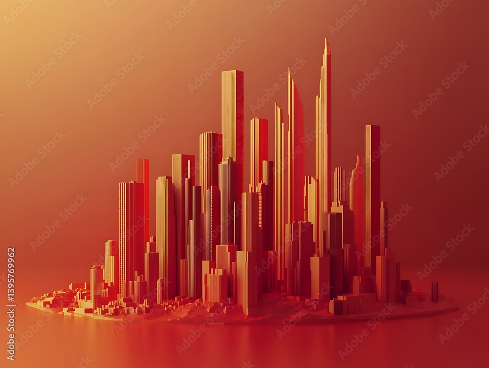A stylized, warm-toned, digital rendering of a vibrant city skyline.