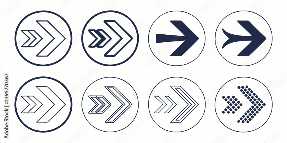 Blue Circular Arrow Icons - Right Direction Symbols - Outline, Filled, Double Outline, Dotted Vector Design Set Blue Circular Arrow Icons - Right Direction Symbols - Outline, Filled, Double Outline, Dotted Vector Design Set