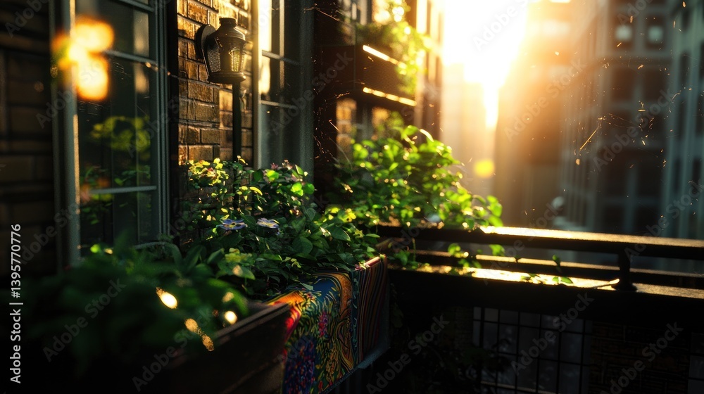 Naklejka premium City balcony sunset plants flowers