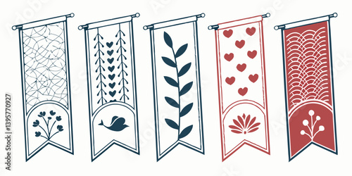 Bohemian Decorative Banners Set Hand-Drawn Patterns Vintage Textile Wall Hangings Boho Decor Fabric Banners Art Vector Clipart