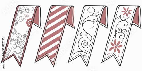 Cute Cartoon Decorative Ribbons Banners Tags Labels Clipart Digital Vector Illustration Set Floral Swirl Stripe Patterns for Scrapbooking Crafts Design