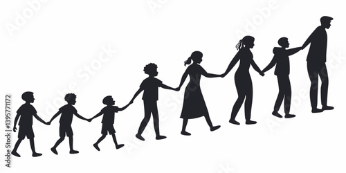 Family Silhouette Walking Holding Hands in Line Generations Togetherness Black and White Vector Illustration