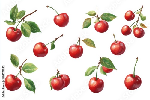 A scattering of red cherries isolated on white background