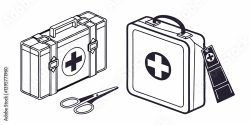 First Aid Kits Scissors Black and White Line Art - Medical Emergency Supplies Illustration