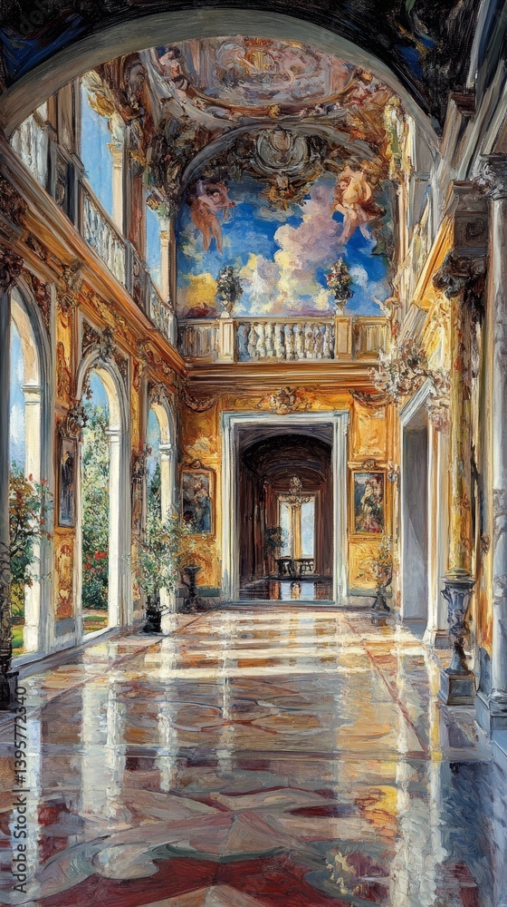 Ornate interior with columns arches and ceiling mural in an old building.