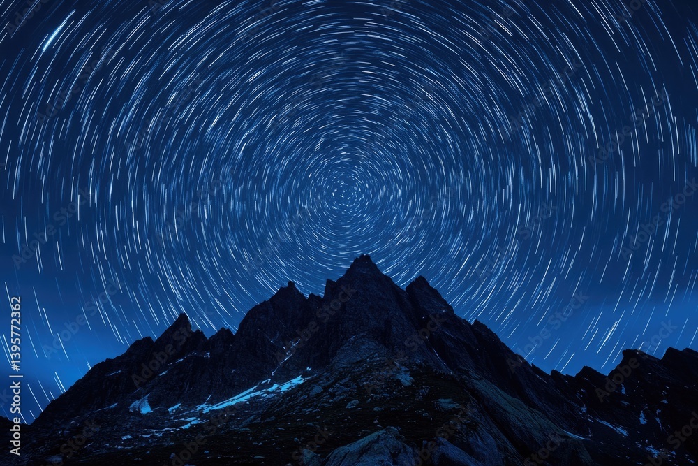 Fototapeta premium Star trails swirl above a dark mountain range in a clear night sky creating a vortex effect